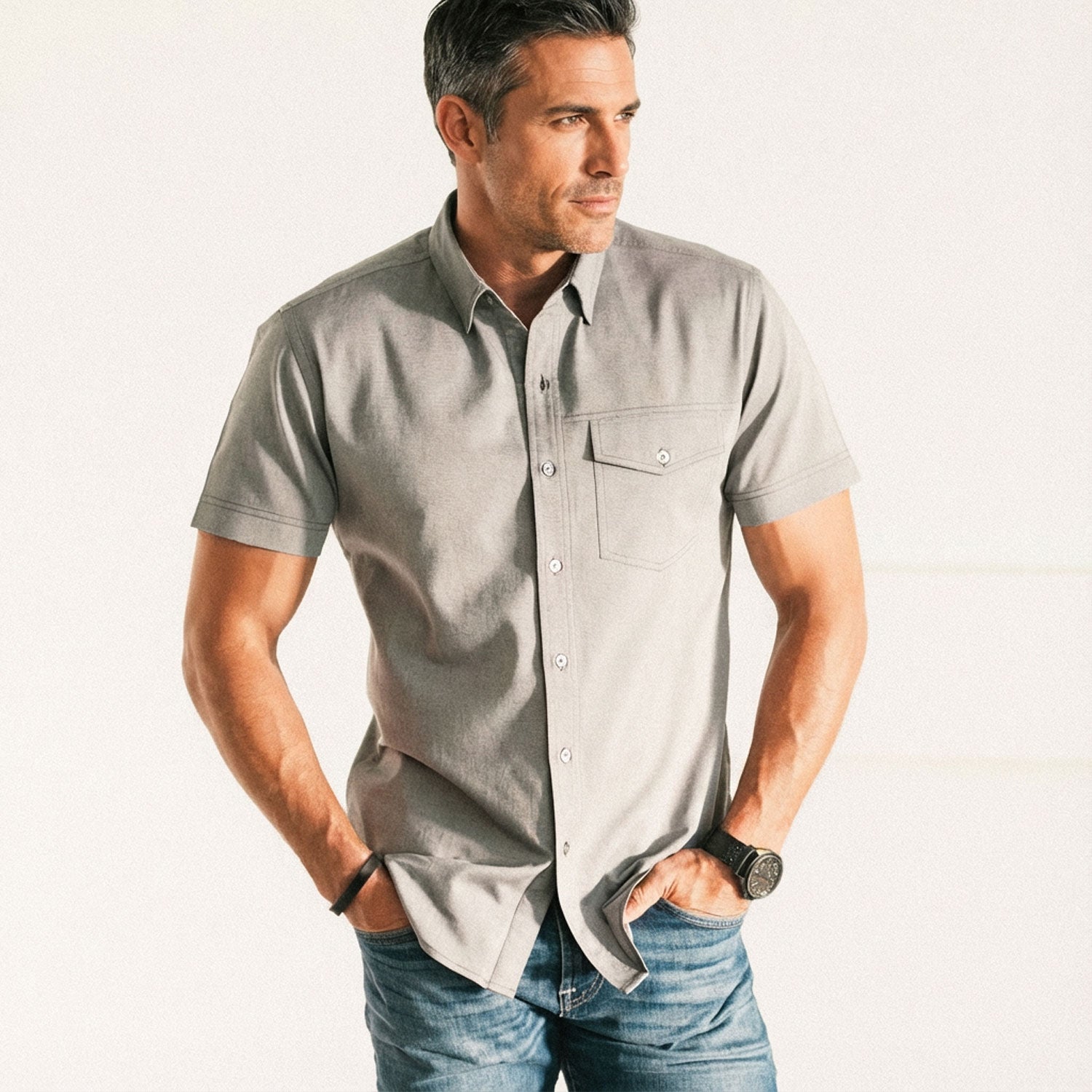 Author Short Sleeve Casual Shirt – Flint Gray Cotton Oxford