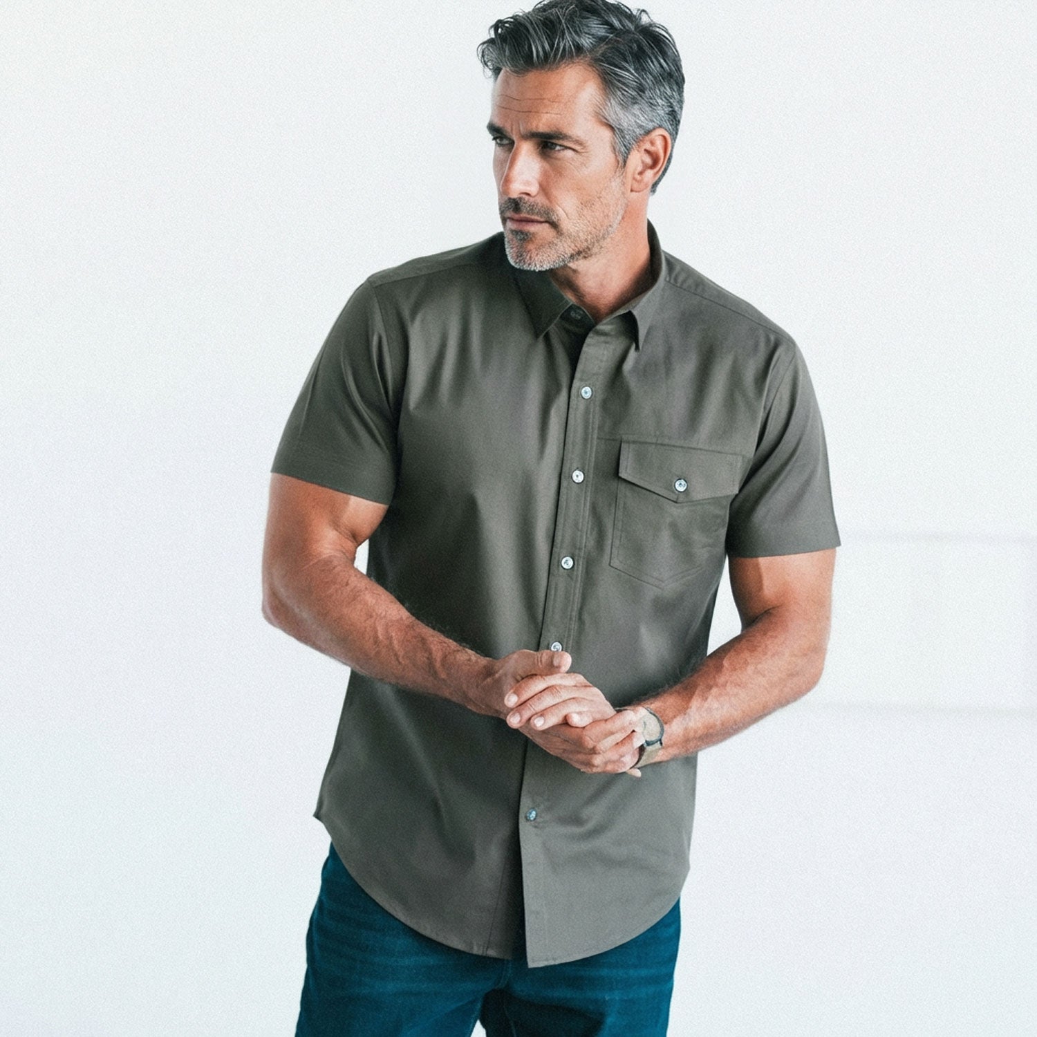 Men's Short Sleeve Casual Shirt - Author in Fatigue Green Cotton Twill Large
