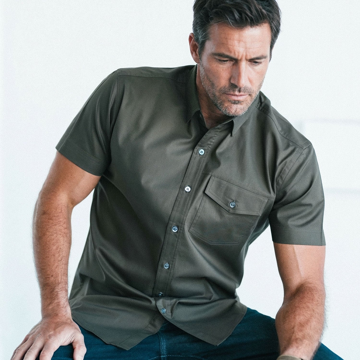 Men's Short Sleeve Casual Shirt - Author in Fatigue Green Cotton Twill Large - Tall Men's Short Sleeve Casual Shirt - Author in Fatigue Green Cotton Twill Large - Tall