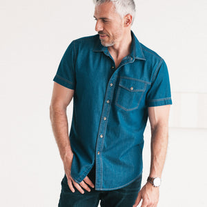 Author Short Sleeve Casual Shirt – Medium Blue Cotton Denim