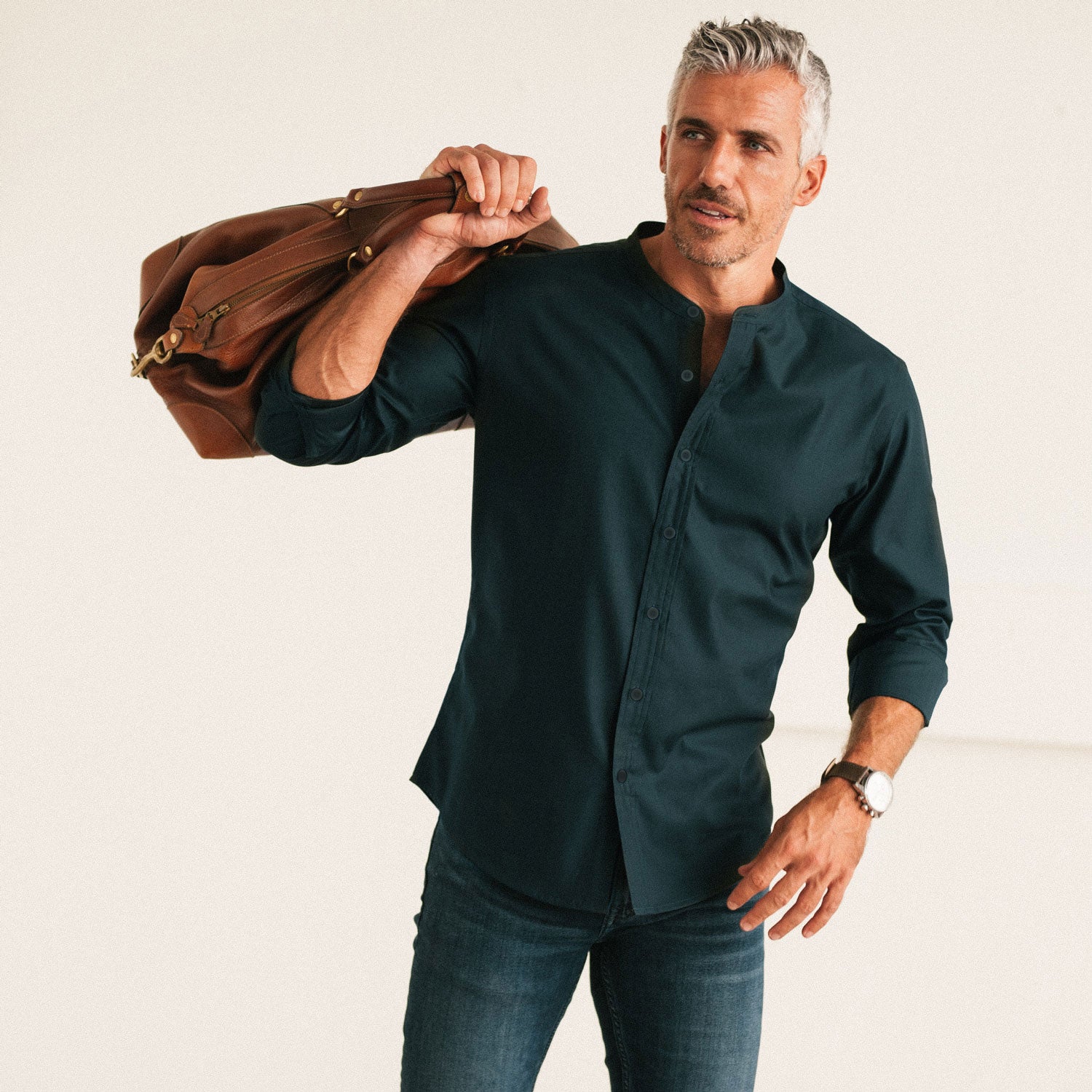 Essential Band Collar Button Down Shirt Dark Navy Cotton Twill