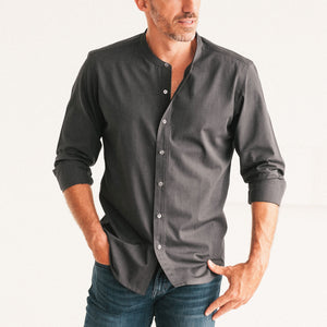 Batch Mens Essential Band Collar Button Down Shirt - Asphalt Gray Cotton End-on-end On Body Standing