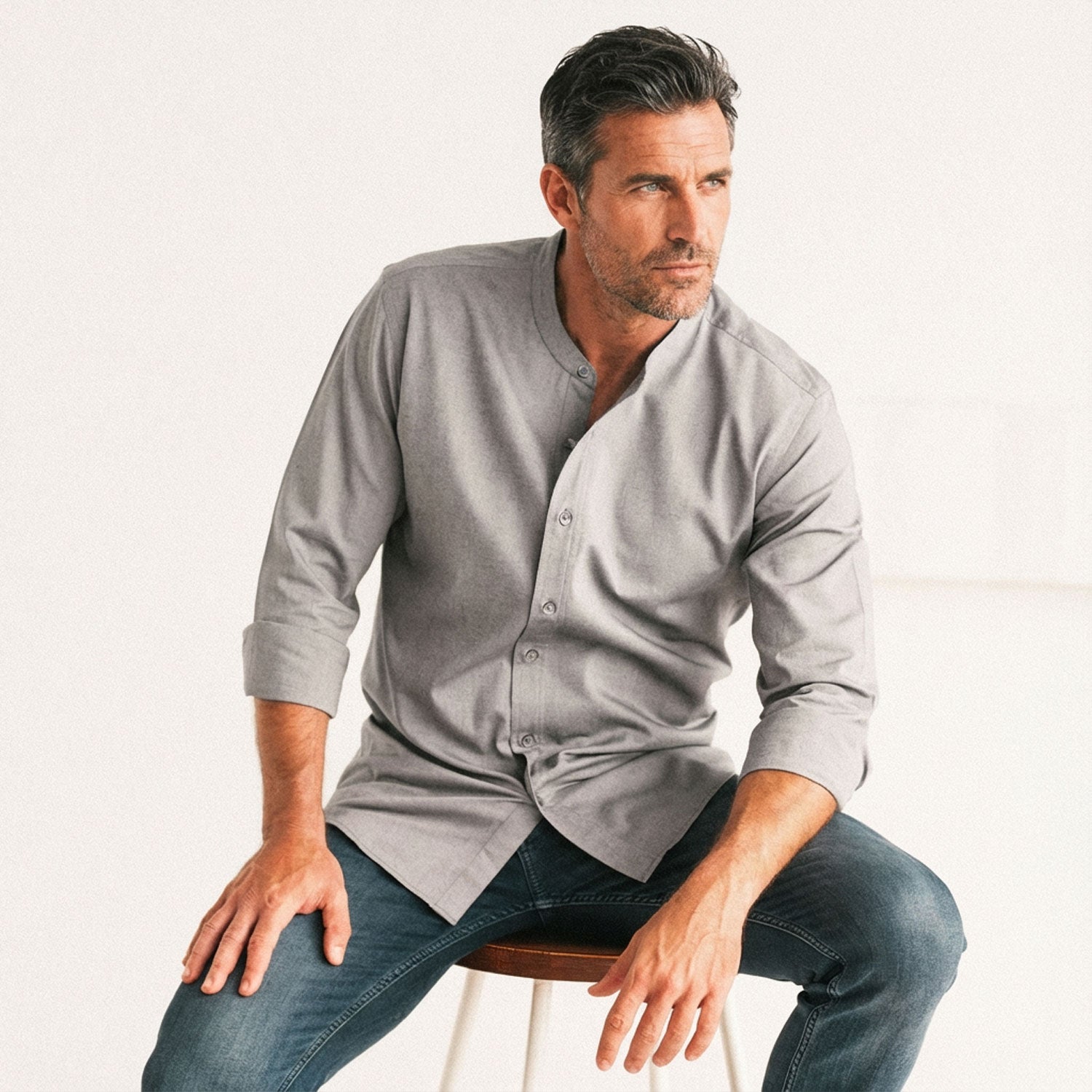 Essential Band Collar Button Down Shirt - Flint Gray Cotton Oxford