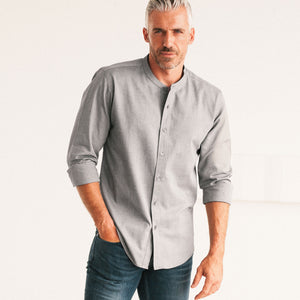 Batch Men's Essential Band Collar Button Down Shirt - Flint Gray Cotton Oxford Image Standing with Hand in Pocket