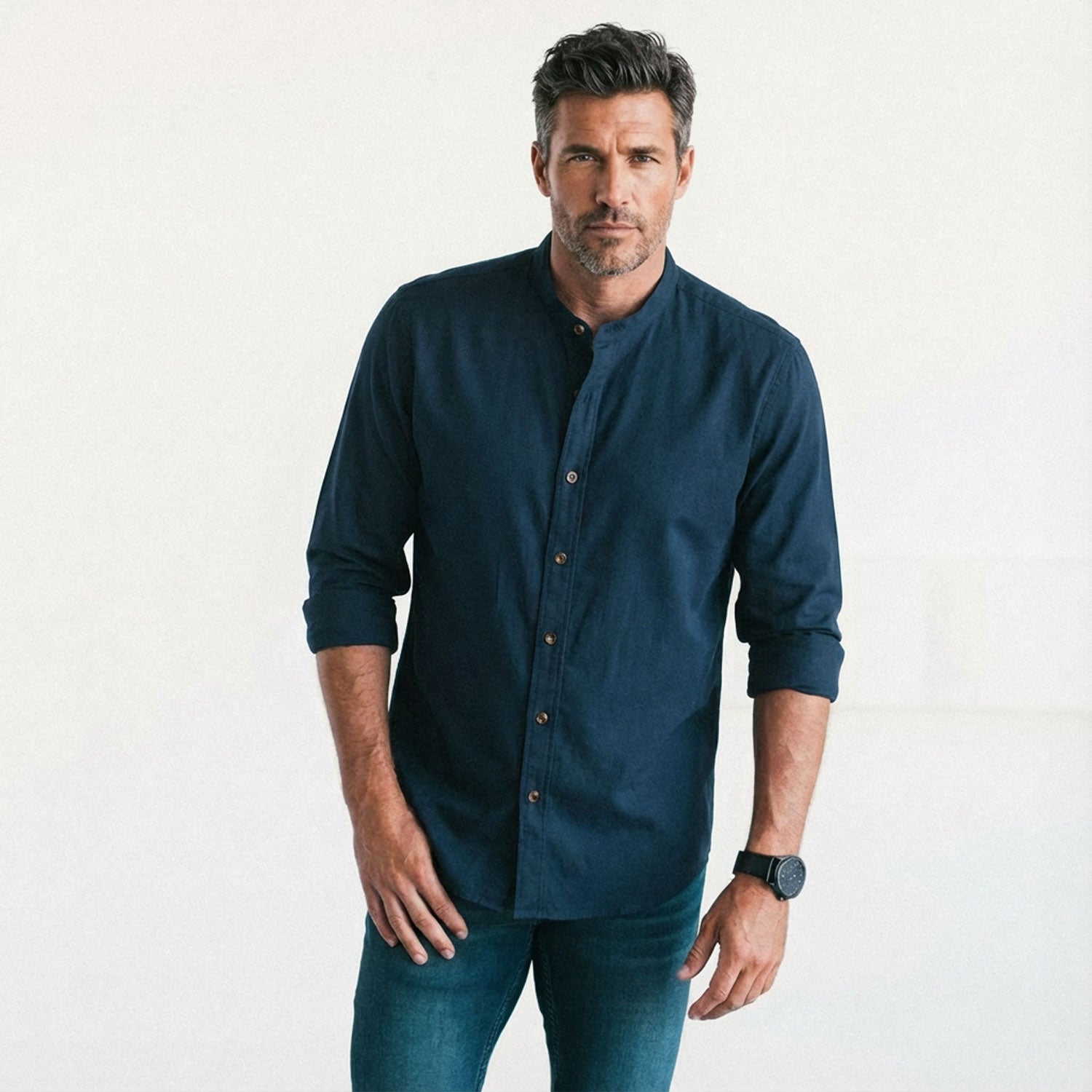 Essential Band Collar Button Down Shirt - Dark Navy Cotton Twill