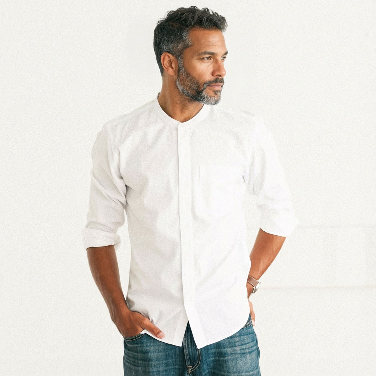 Essential Band Collar 1 Pocket Button Down Shirt - Pure White Cotton Twill