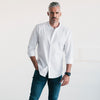 Batch Men's Essential Band Collar Button Down Shirt - Pure White Cotton Twill Image On Body Standing with Hand in Pocket