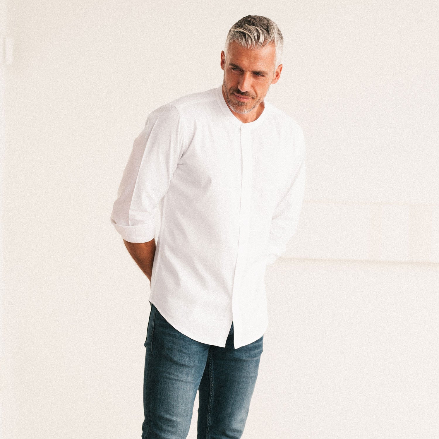 Men's Band Collar Button Down Shirt In White 100% Cotton Oxford Small Men's Band Collar Button Down Shirt In White 100% Cotton Oxford Small