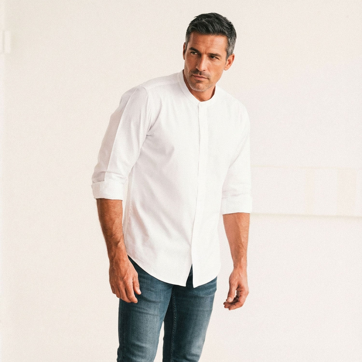 Essential Band Collar Button Down Shirt - Pure White Cotton Twill