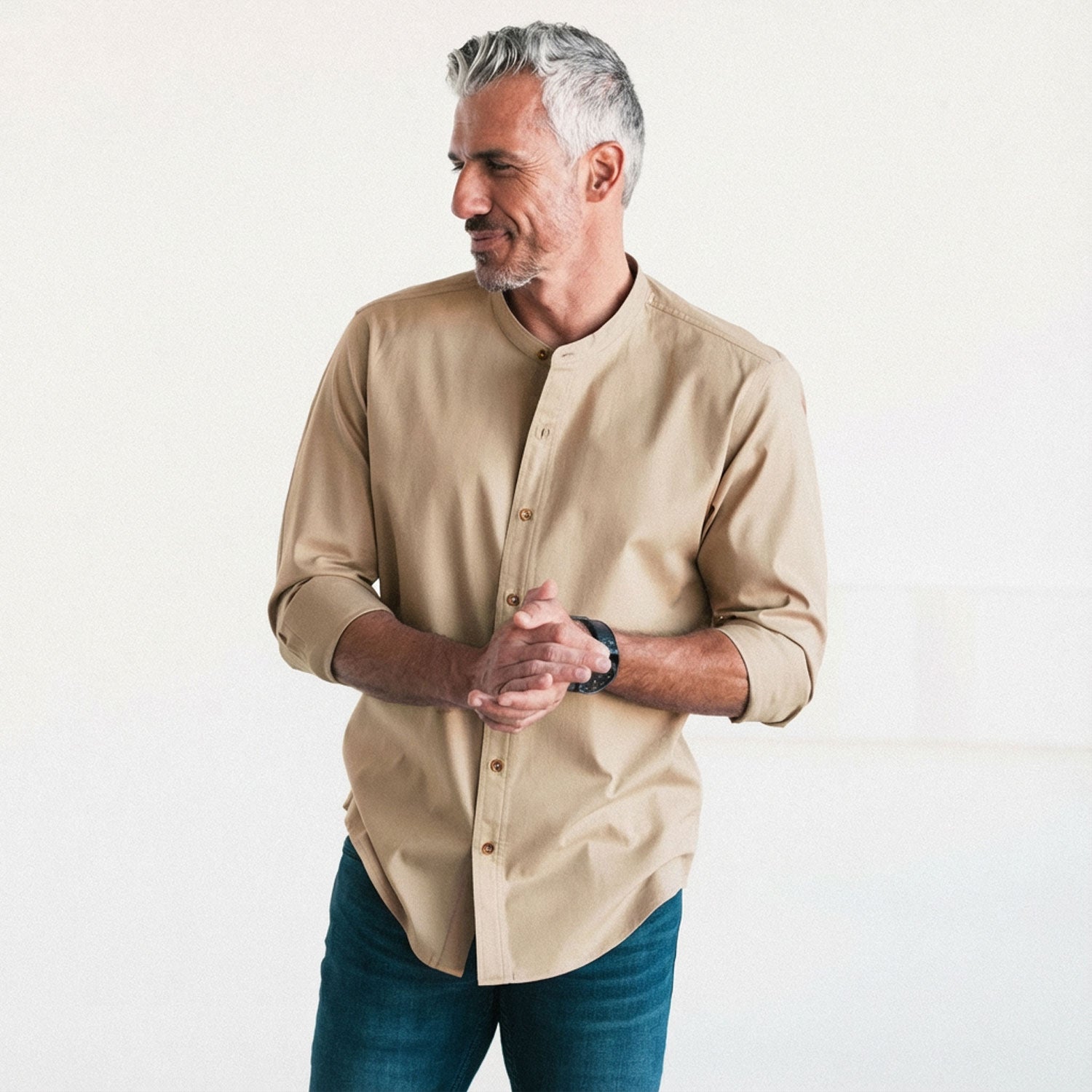 Essential Band Collar Button Down Shirt - Desert Stone Cotton Twill