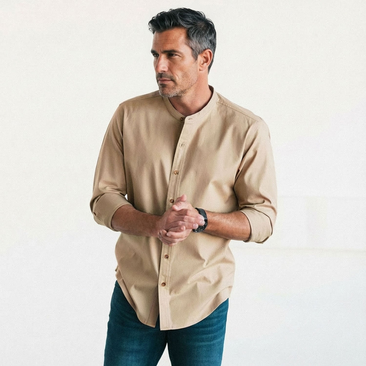 Men's Band Collar Button Down Shirt In Desert Stone 100% Cotton Twill | Batch Men's Band Collar Button Down Shirt In Desert Stone 100% Cotton Twill | Batch