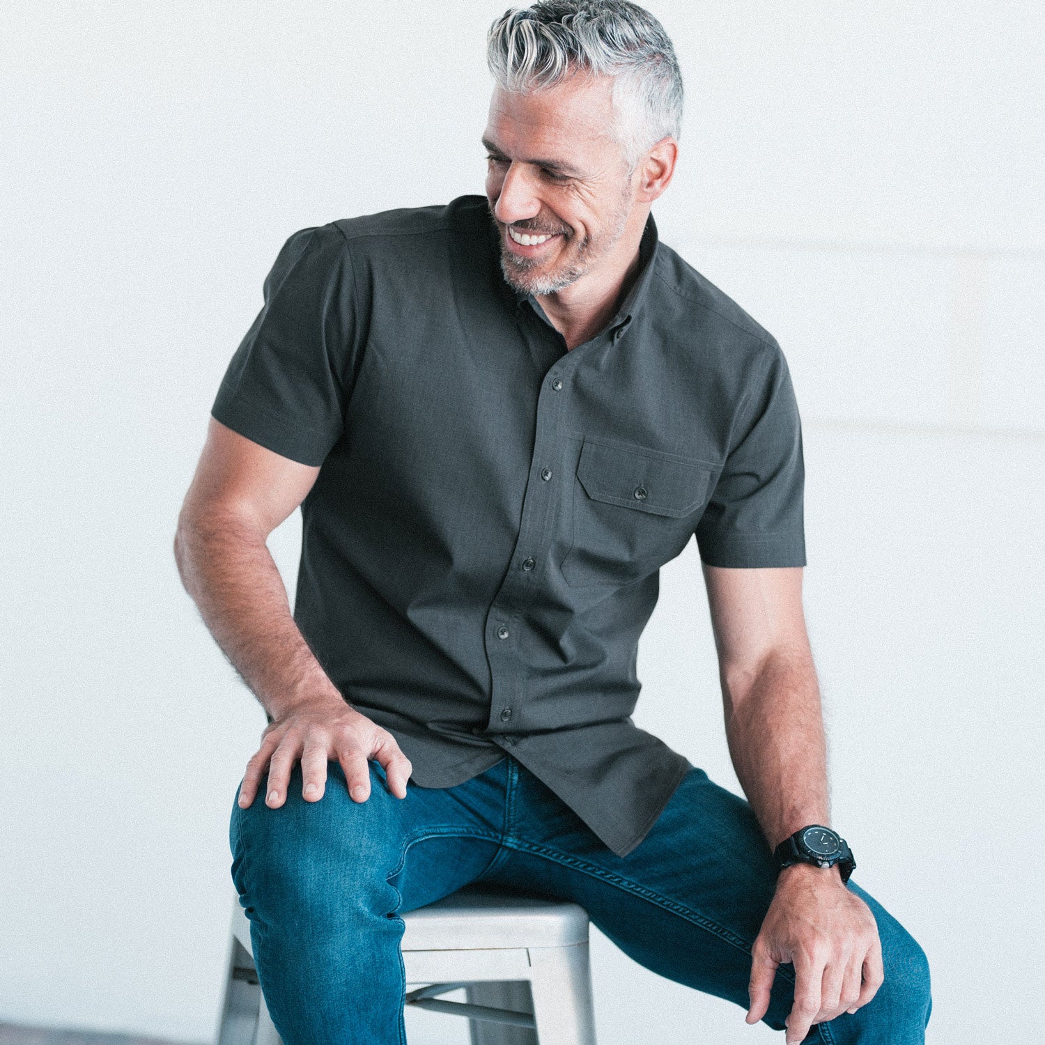 Men's Short Sleeve Casual Shirt - Builder in Asphalt Gray End-On-End | Batch Men's Short Sleeve Casual Shirt - Builder in Asphalt Gray End-On-End | Batch