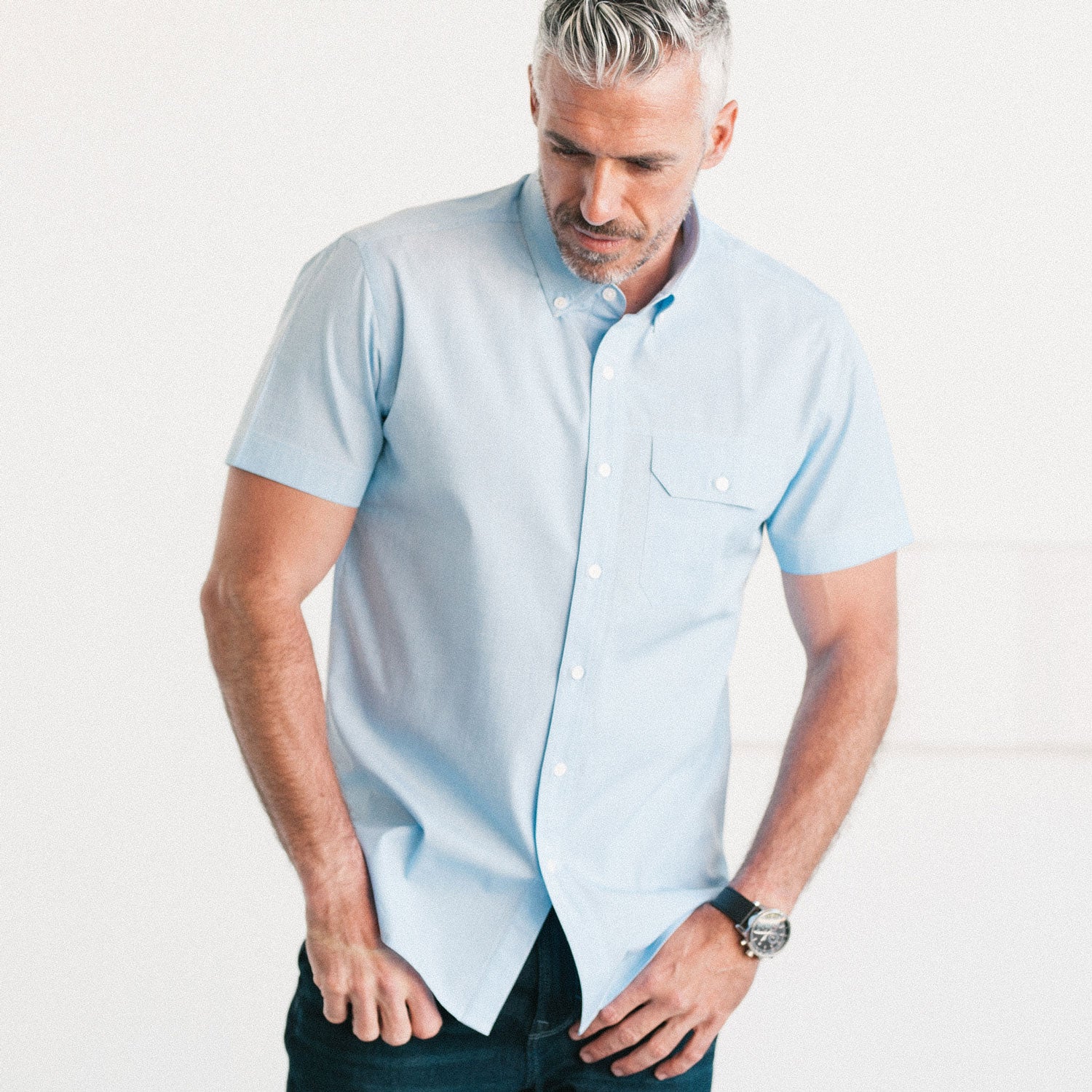 Men's Short Sleeve Casual Shirt - Builder in Clean Blue End-On-End | Batch Men's Short Sleeve Casual Shirt - Builder in Clean Blue End-On-End | Batch