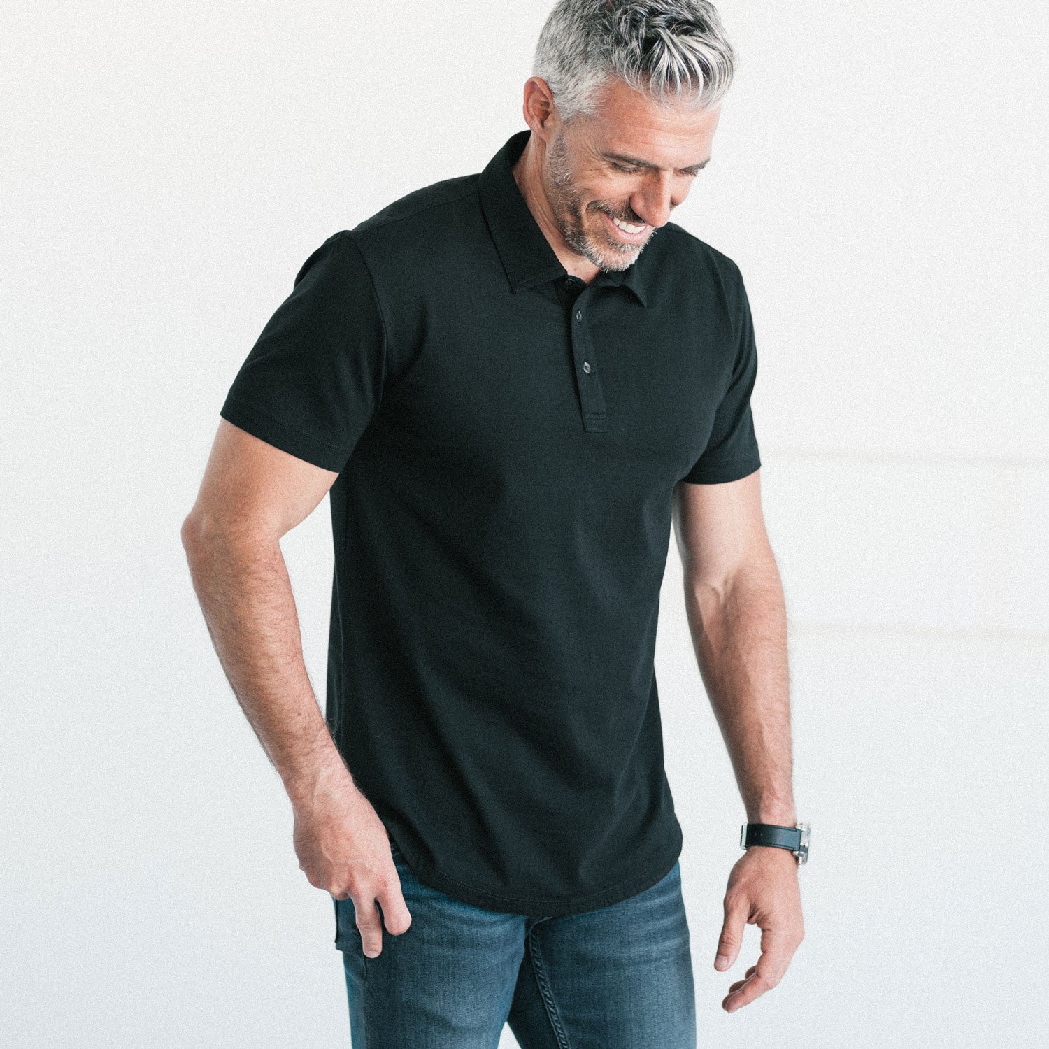 Essential Short Sleeve Curved Hem Polo Shirt – Black Cotton Jersey