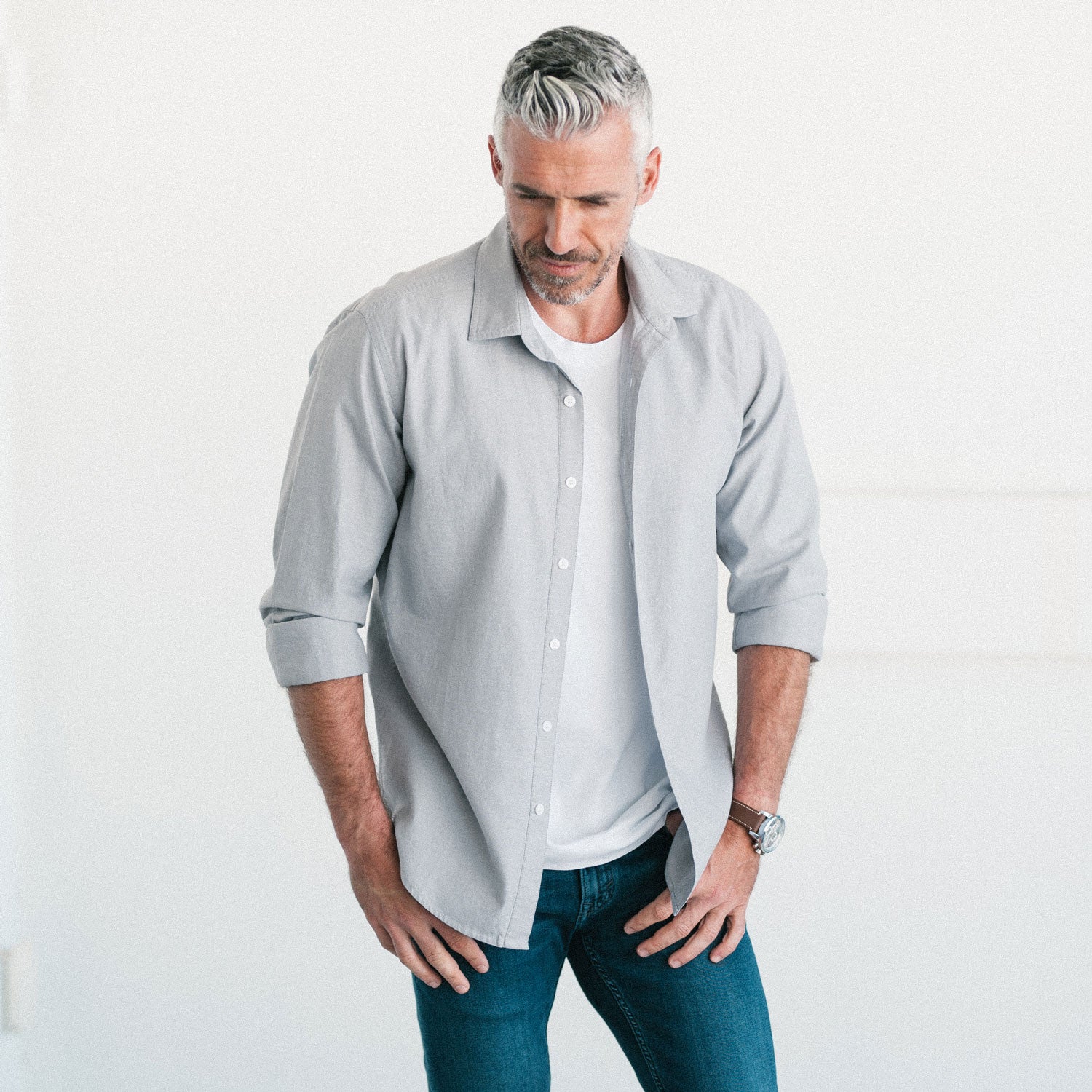 Essential Spread Collar Casual Shirt - Aluminum Gray Cotton Oxford