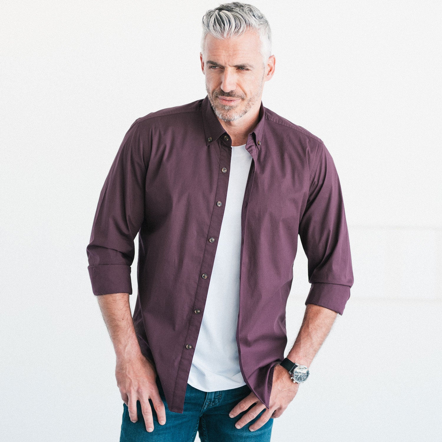 Men's Casual Button Down Shirt in Burgundy Cotton Poplin Medium Men's Casual Button Down Shirt in Burgundy Cotton Poplin Medium