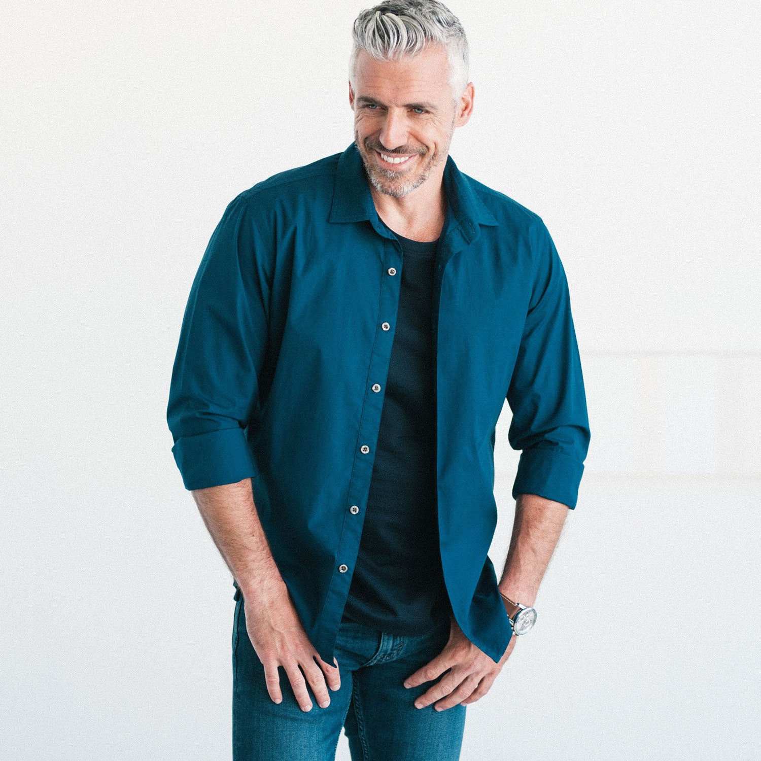 Essential Spread Collar Casual Shirt Cobalt Blue Stretch Cotton Poplin