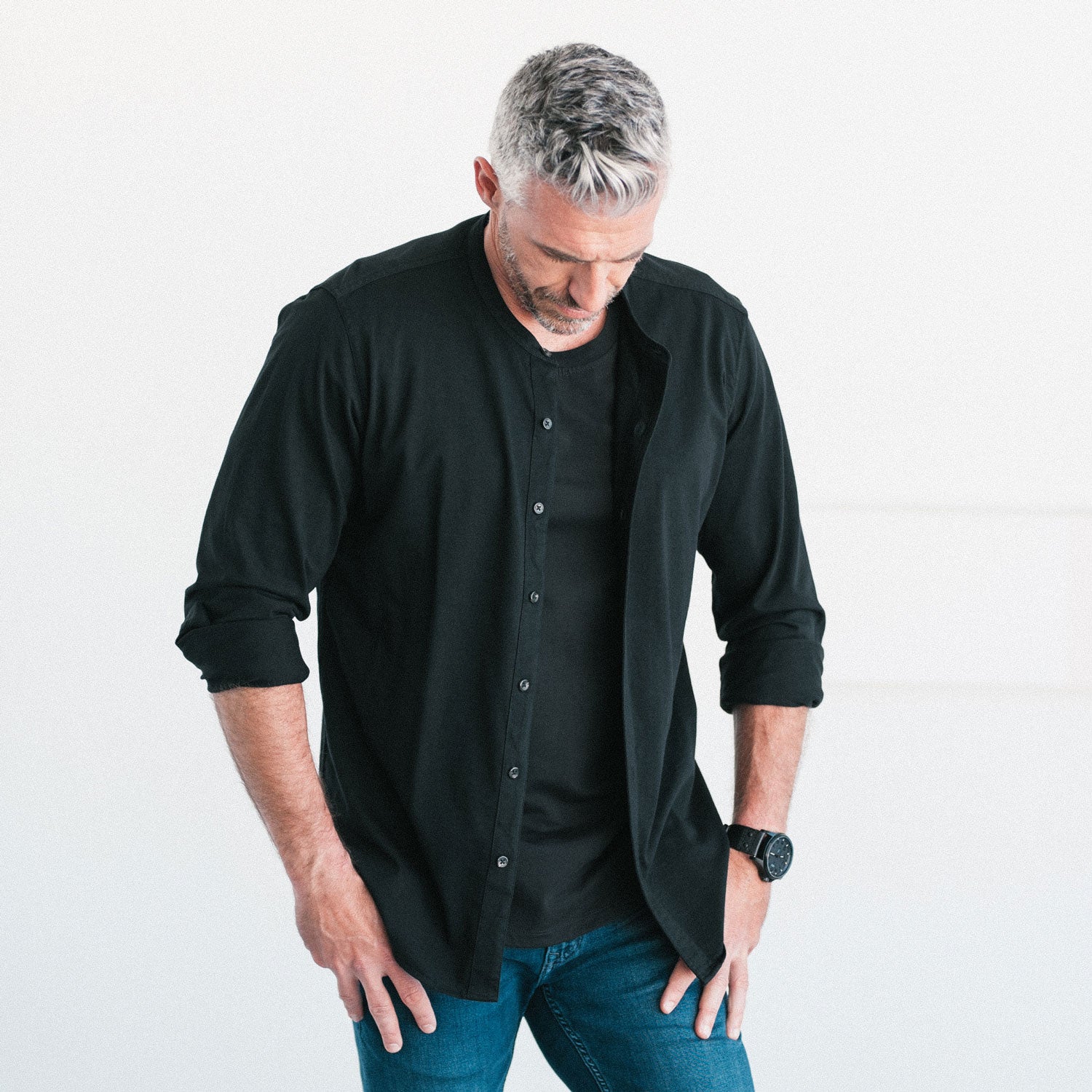 Band Collar T-Shirt Shirt Jet Black Cotton Jersey