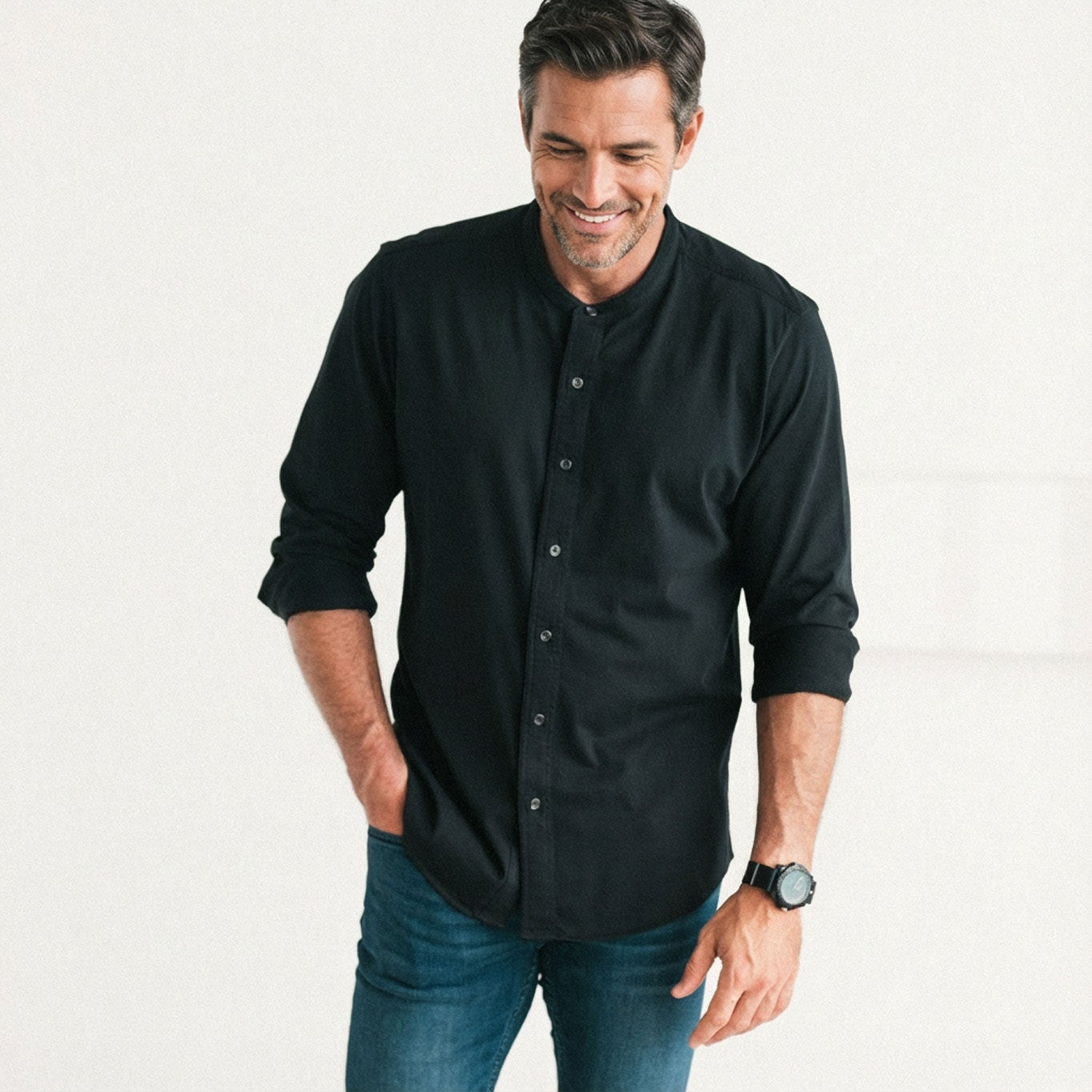 Men's Casual Band Collar Shirt in Black Cotton Jersey Large - Tall Men's Casual Band Collar Shirt in Black Cotton Jersey Large - Tall