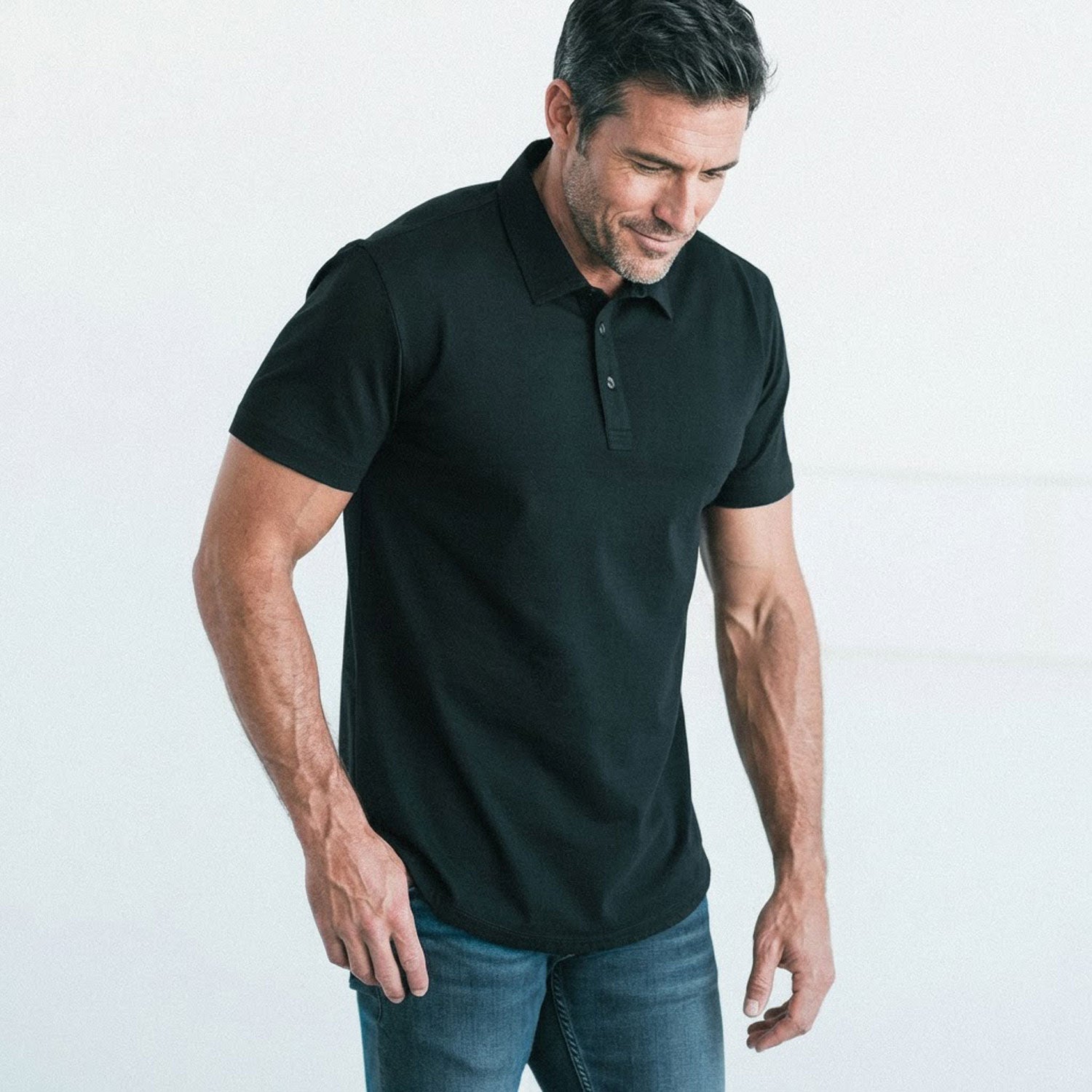 Essential Short Sleeve Curved Hem Polo Shirt –  Black Cotton Jersey