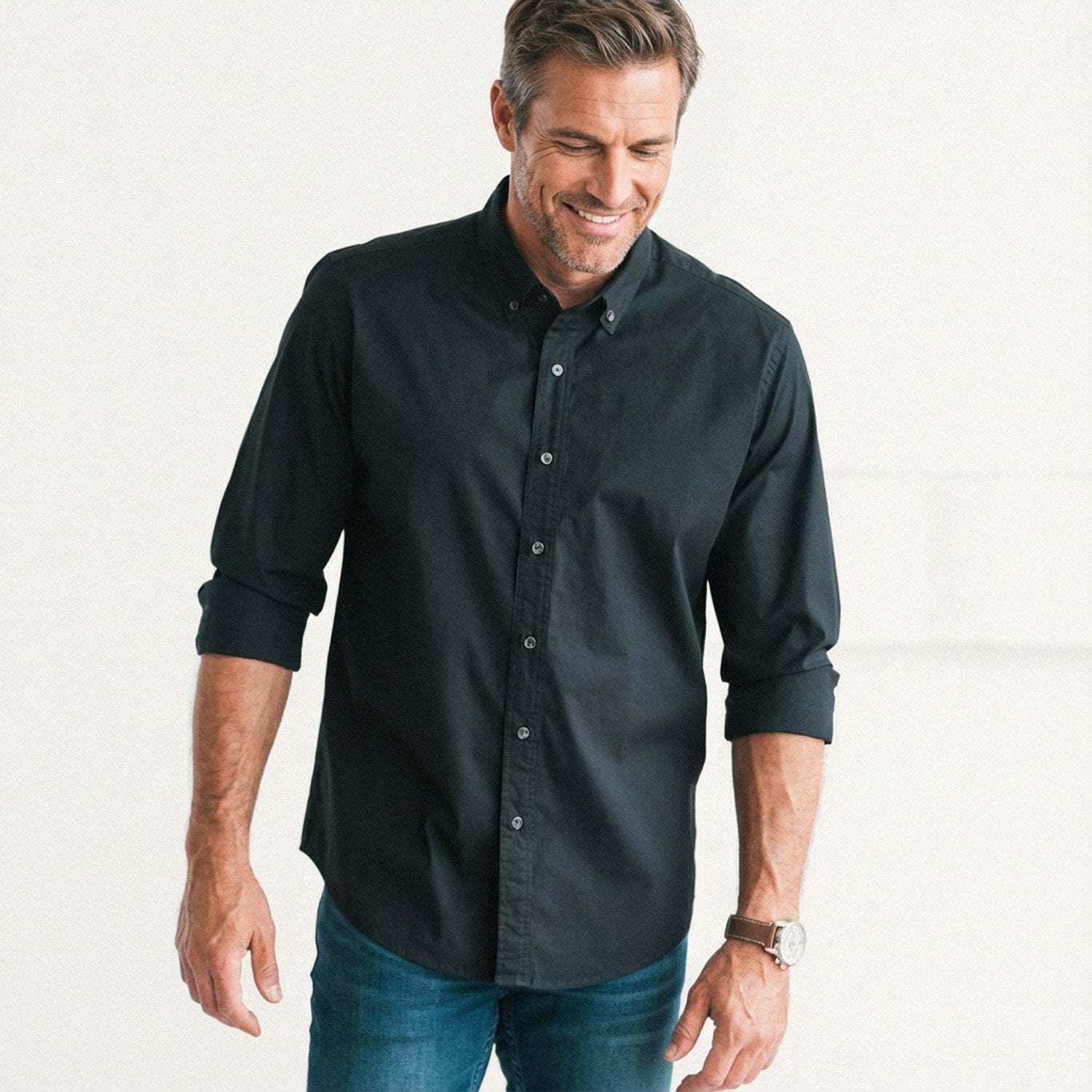 Essential Button Down Collar Casual Shirt - Jet Black Cotton Twill
