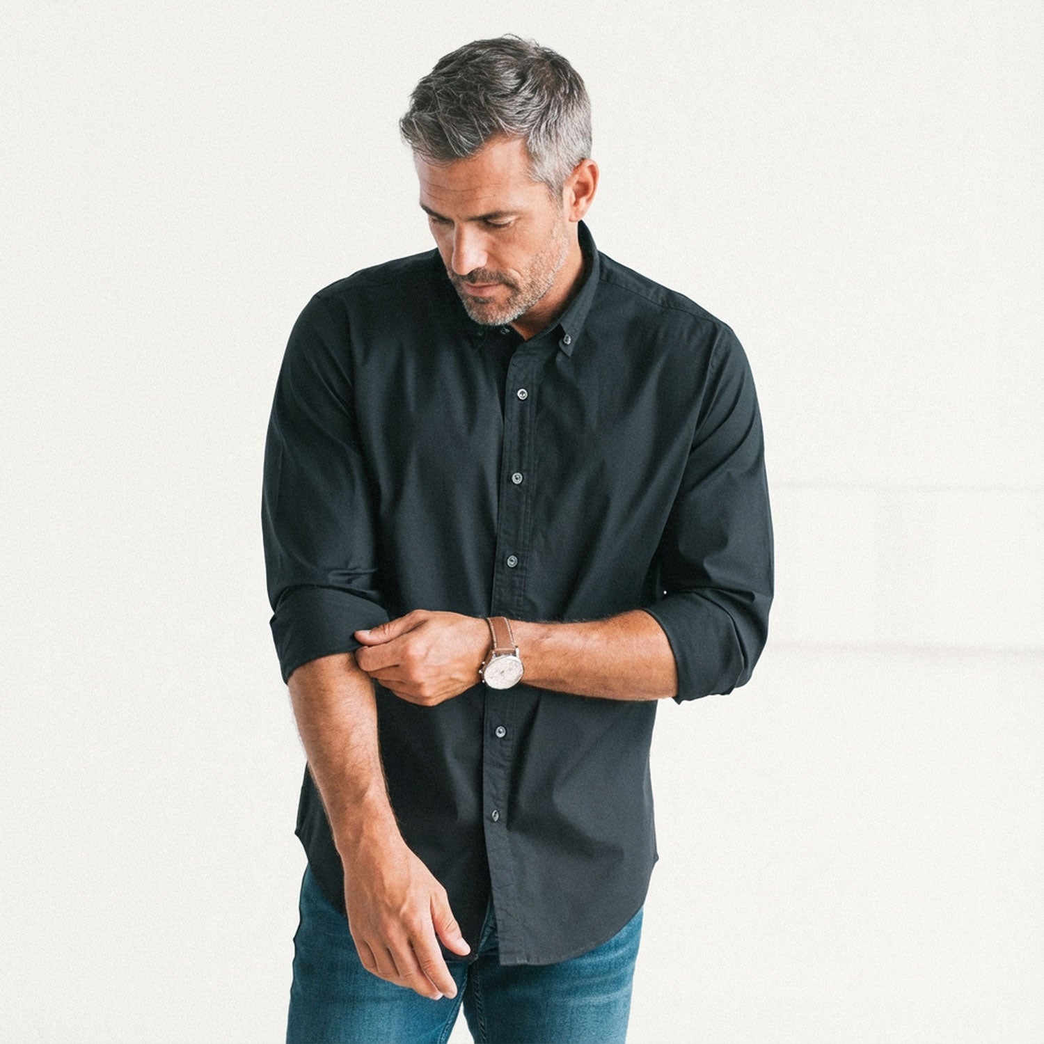 Essential Button Down Collar Casual Shirt - Jet Black Stretch Cotton Poplin