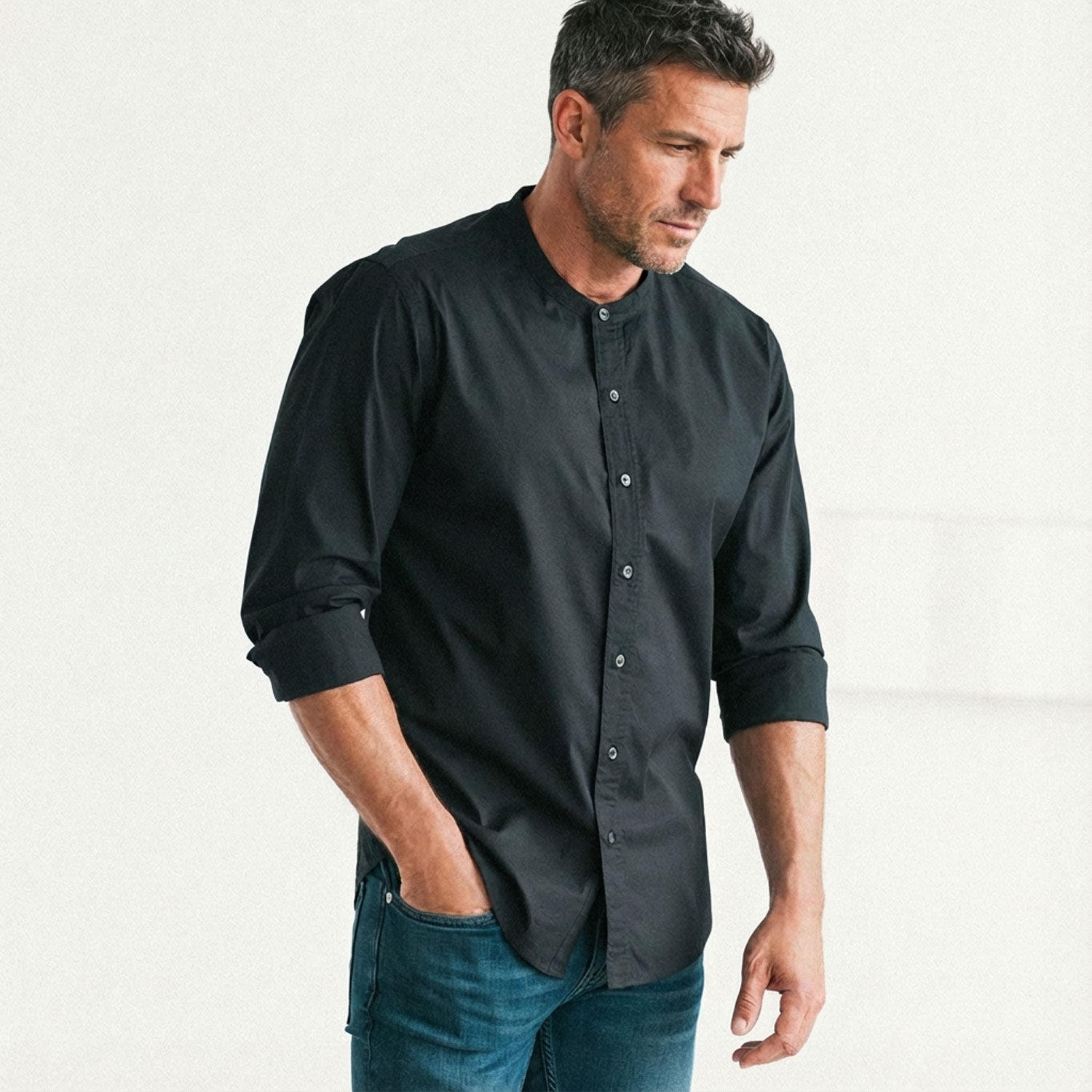 Essential Band Collar Button Down Shirt - Jet Black Cotton Stretch Poplin