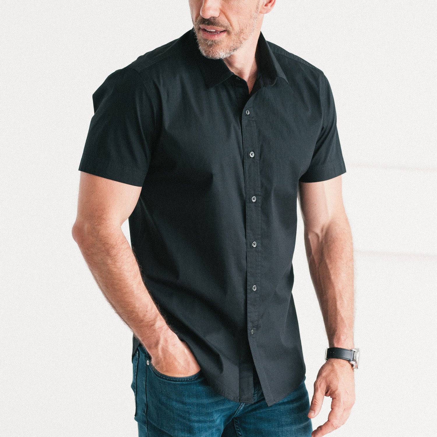 Essential Spread Collar Casual Short Sleeve Shirt Jet Black Stretch Cotton Poplin