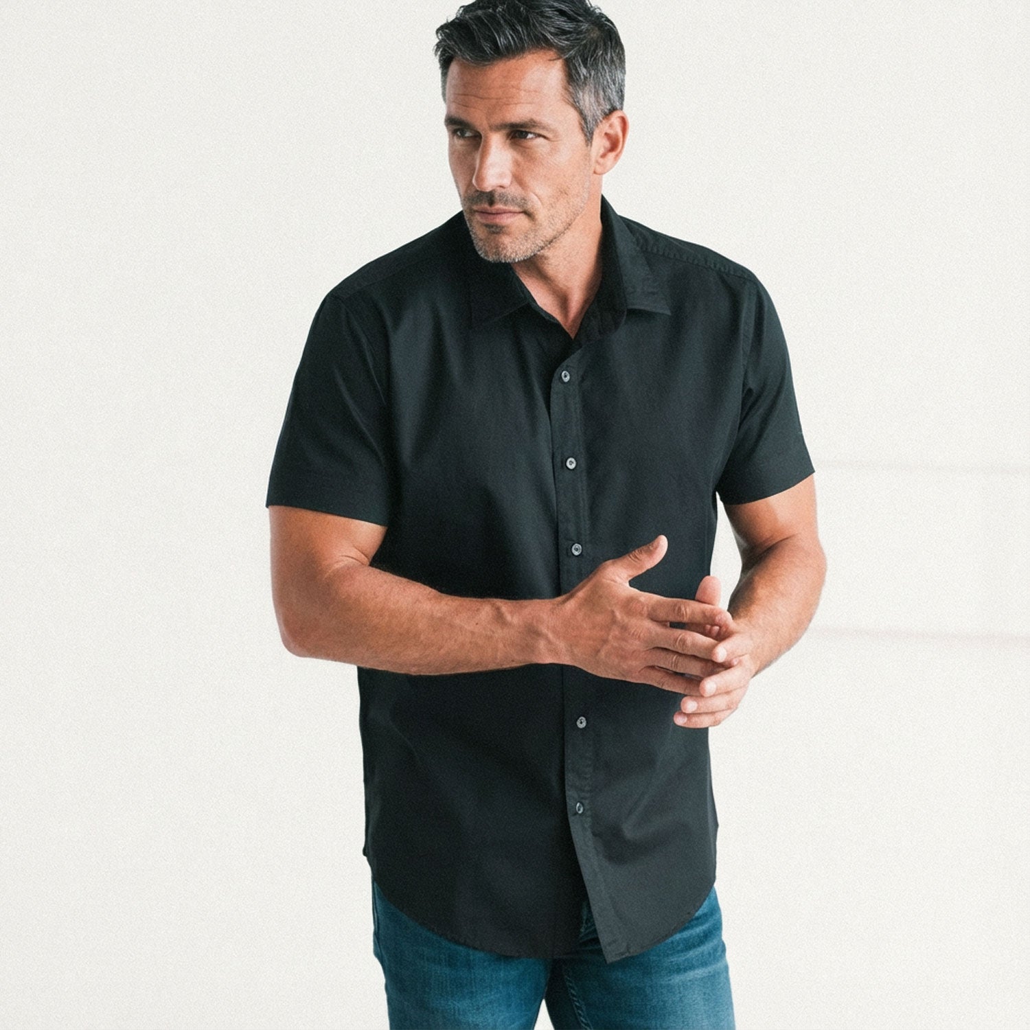 Essential Spread Collar Casual Short Sleeve Shirt - Black Cotton Twill