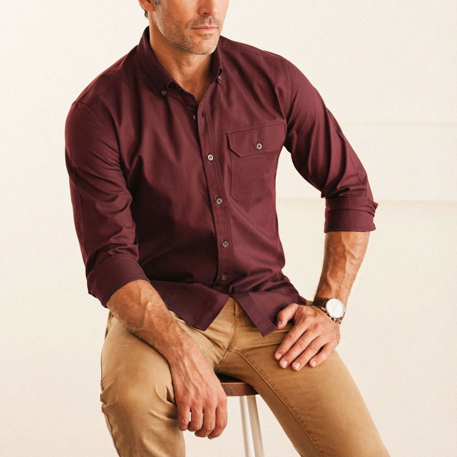 maroon dress shirt men Men's One Pocket Casual Shirt