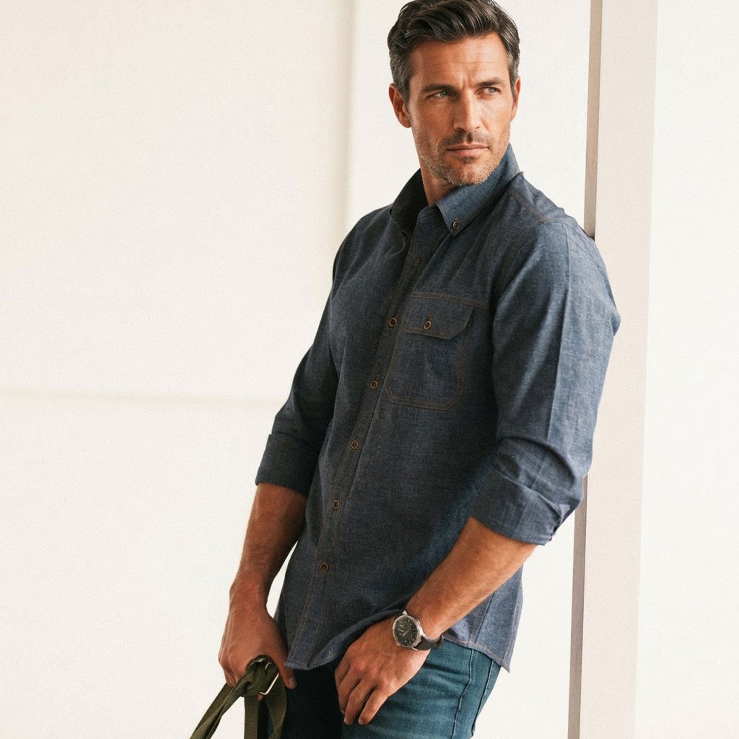 Men's Casual Shirt - Builder in Navy Cotton End-on-end X-Large Men's Casual Shirt - Builder in Navy Cotton End-on-end X-Large