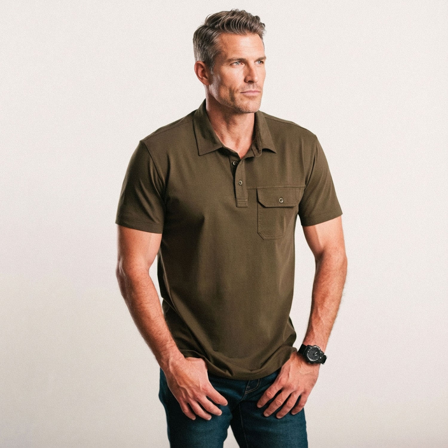 Builder Short Sleeve Polo Shirt –  Olive Green Cotton Jersey