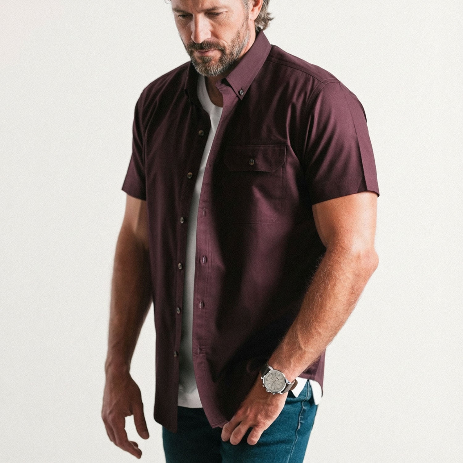Men's Short Sleeve Casual Shirt - Builder in Burgundy Cotton Oxford Med / Large - Tall Men's Short Sleeve Casual Shirt - Builder in Burgundy Cotton Oxford Med / Large - Tall