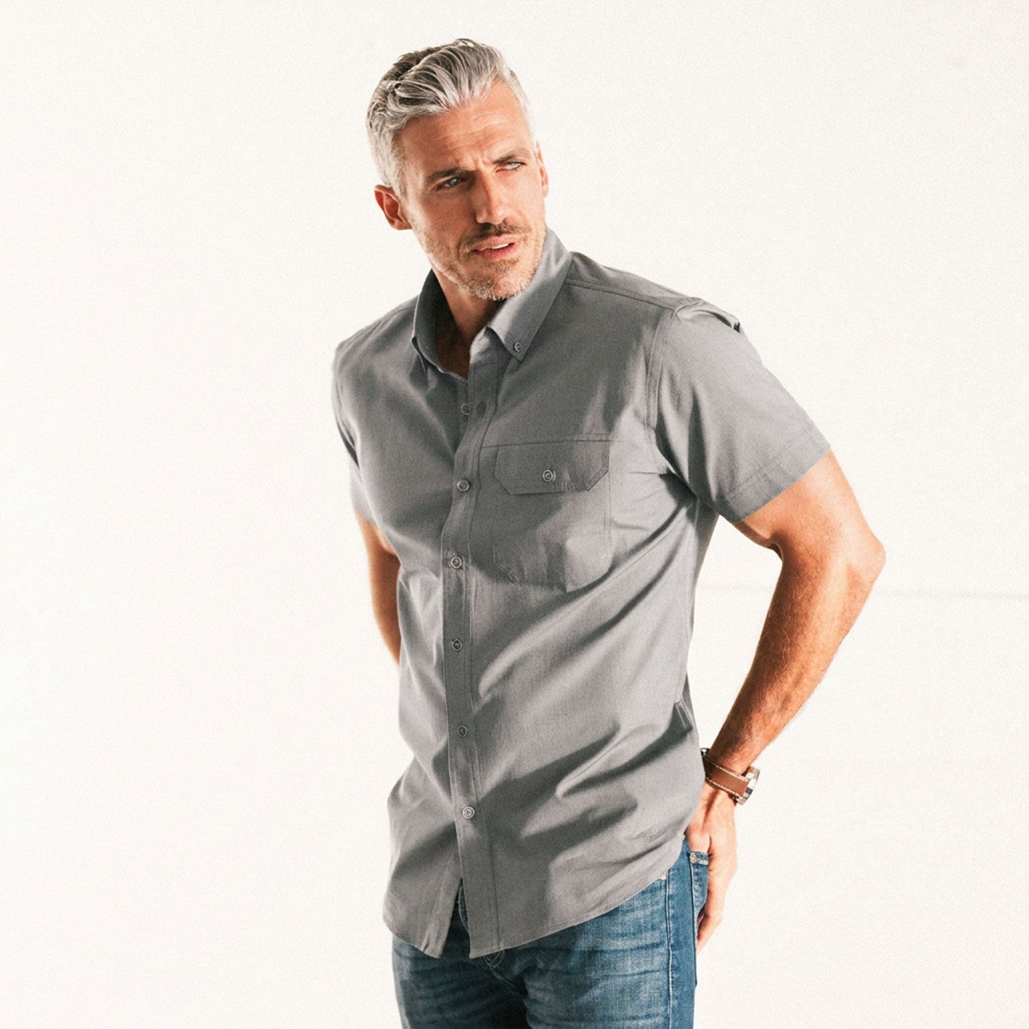 Builder Short Sleeve Casual Shirt – Titanium Gray Cotton End-on-end