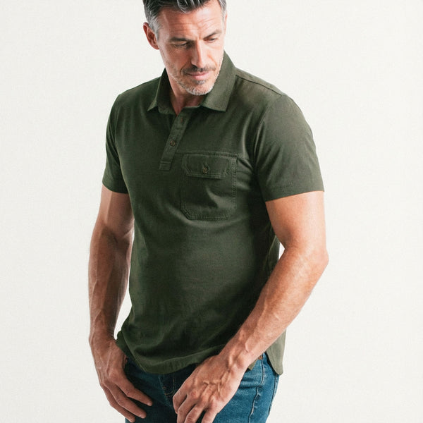 Builder Short Sleeve Polo Shirt –  Olive Green Cotton Jersey