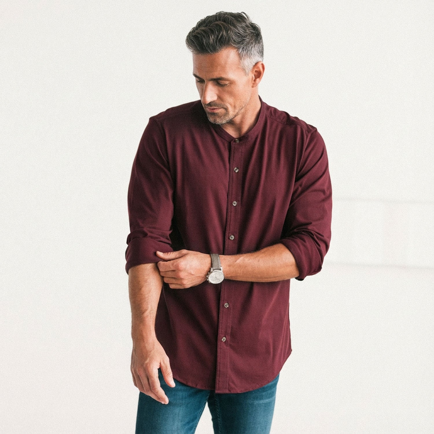 Men's Casual Band Collar Shirt in Burgundy Cotton Jersey Large Men's Casual Band Collar Shirt in Burgundy Cotton Jersey Large