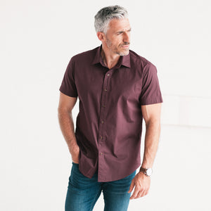 Essential Spread Collar Casual Short Sleeve Shirt - Burgundy Stretch Cotton Poplin