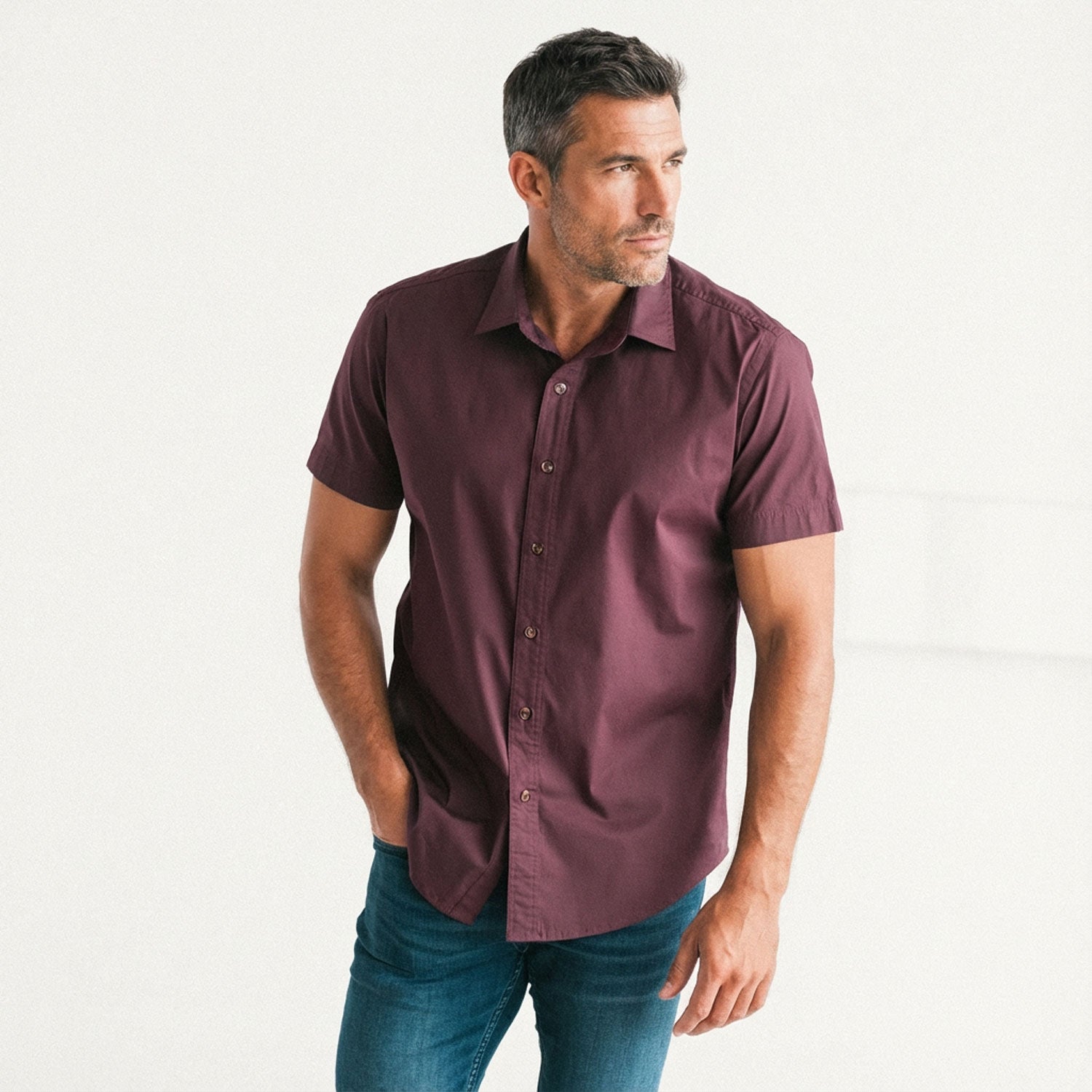 Essential Spread Collar Casual Short Sleeve Shirt - Burgundy Stretch Cotton Poplin