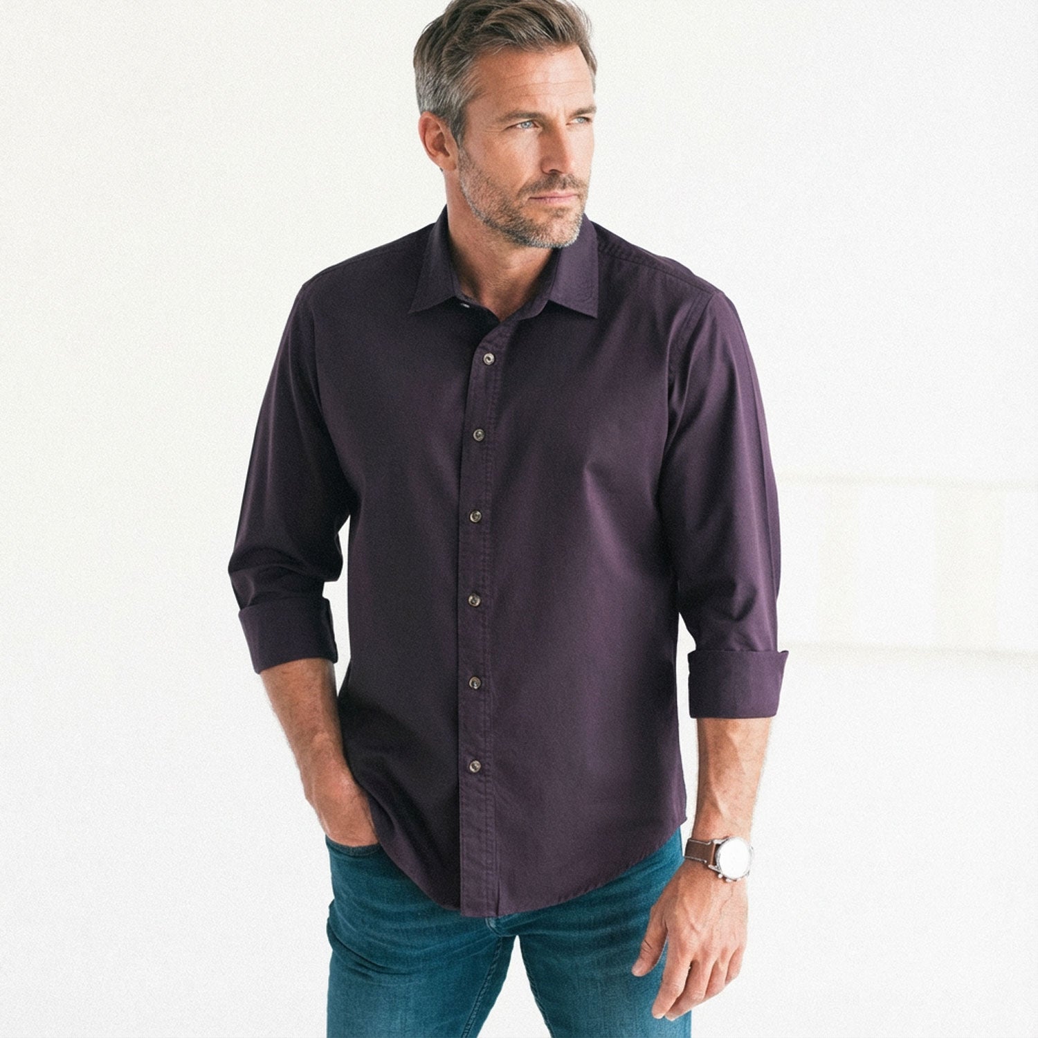 Essential Spread Collar Casual Shirt - Burgundy Cotton Twill
