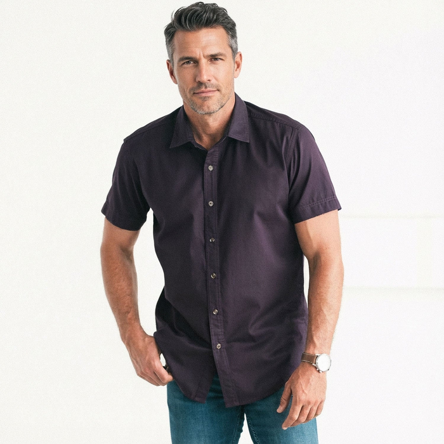 Essential Spread Collar Short Sleeve Casual Shirt - Burgundy Cotton Twill