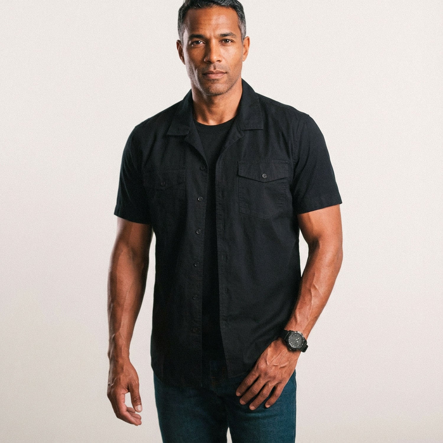 Pioneer Short Sleeve Camp Collar Shirt – Black Stretch Poplin