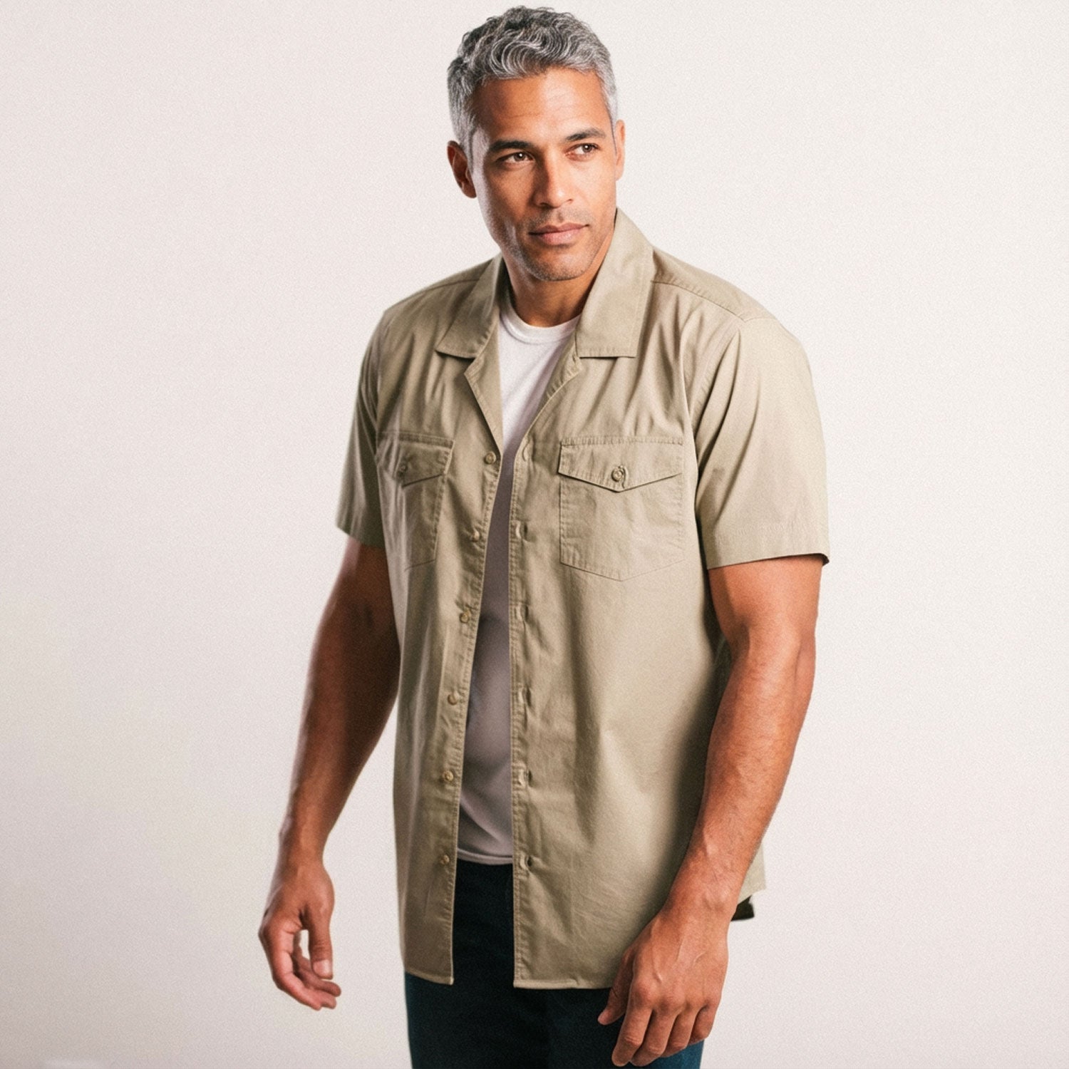 mens dress camp shirts Ash & Erie Tan Linen Camp Collar Short Sleeve Shirt for Short Men Tan Linen / XS