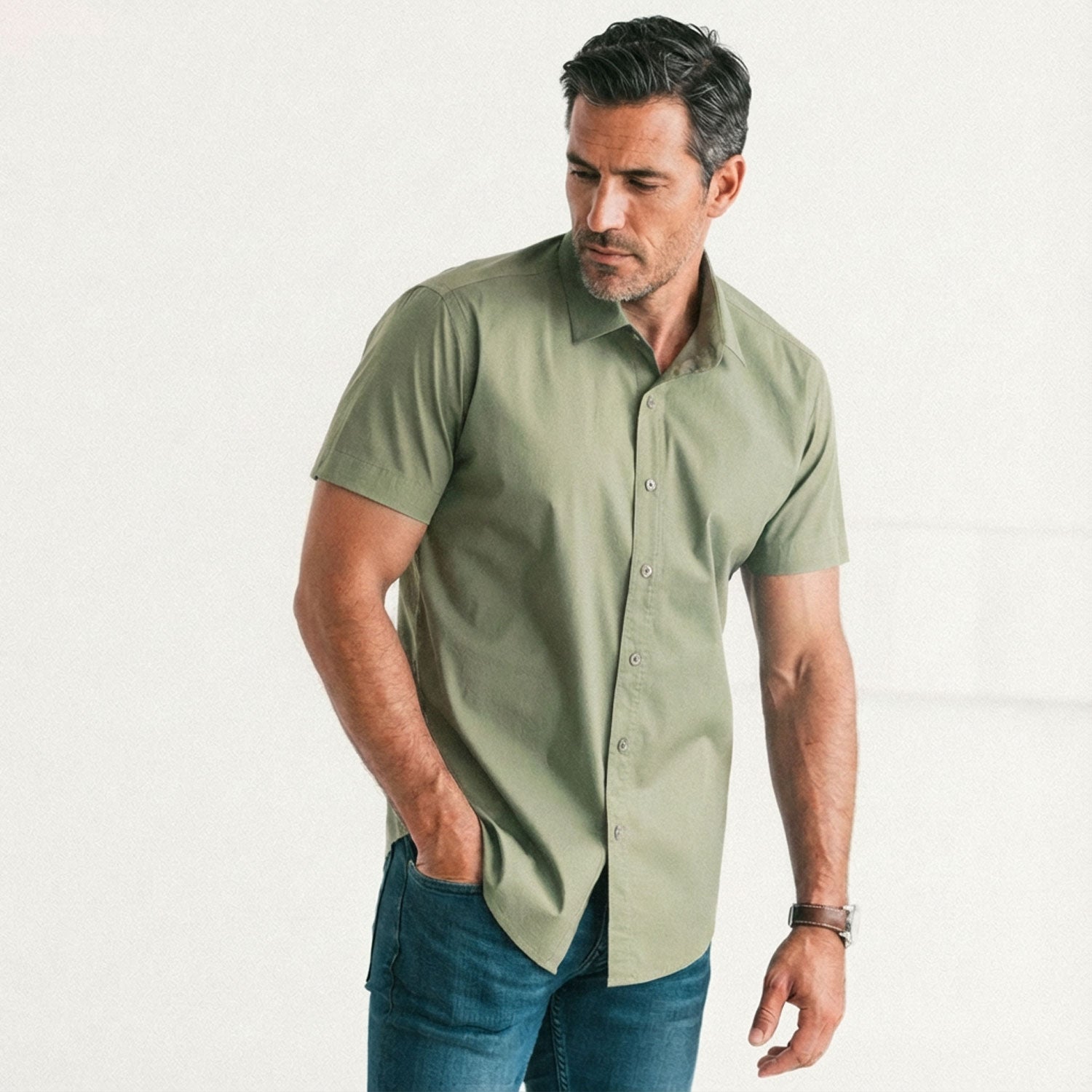 Essential Spread Collar Casual Short Sleeve Shirt - Light Fatigue Stretch Cotton Poplin
