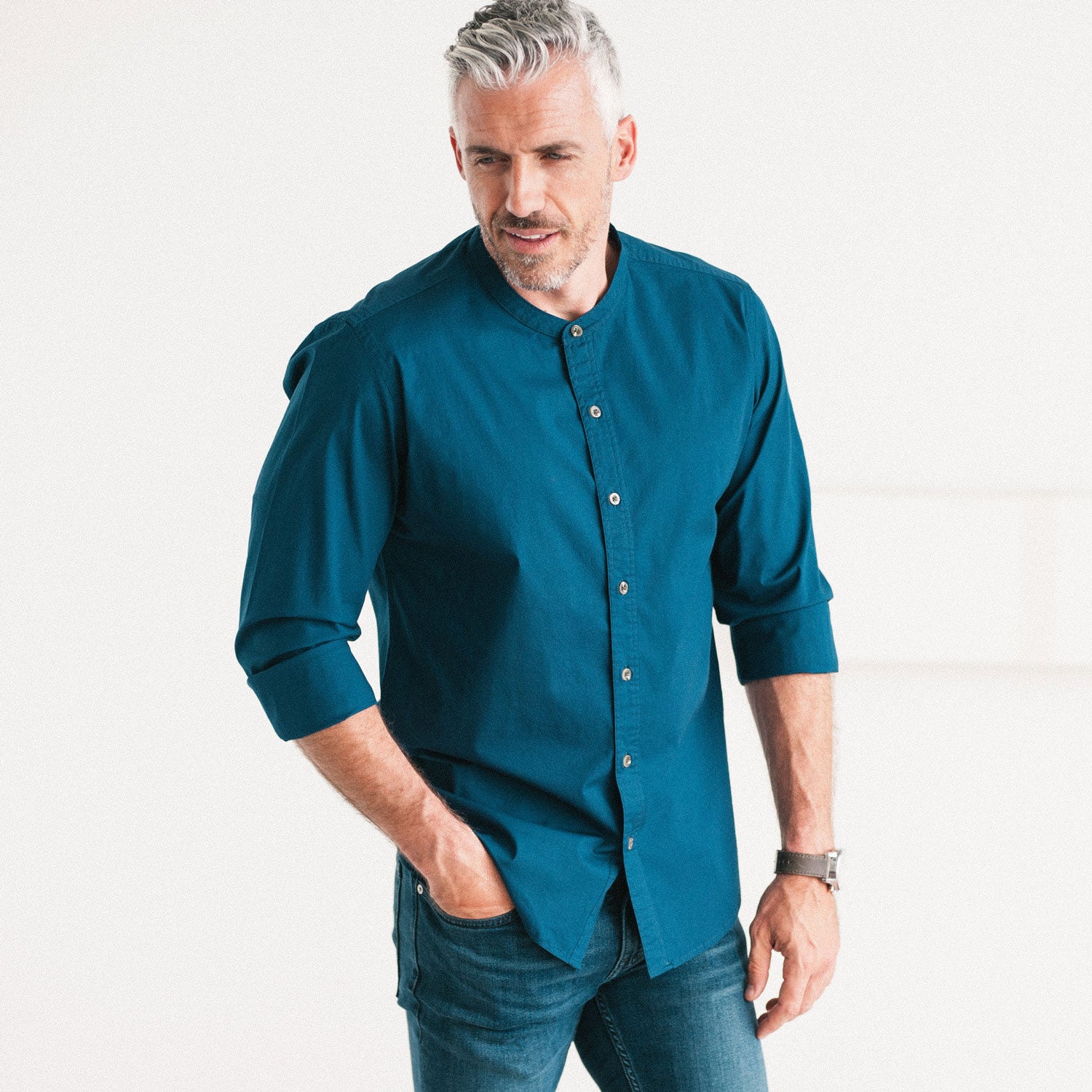 Essential Band Collar Button Down Shirt - Cobalt Blue Cotton Stretch Poplin