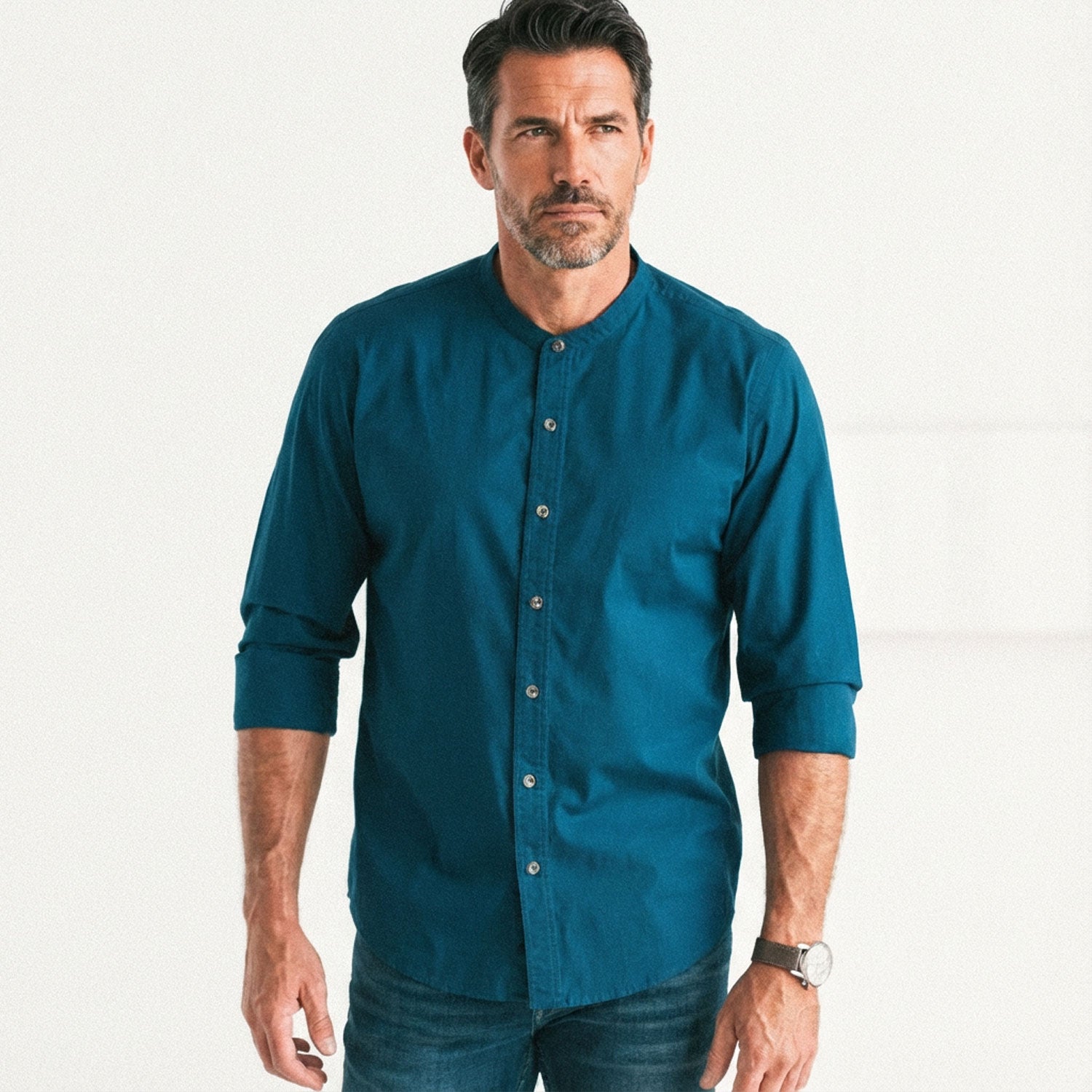 Essential Band Collar Button Down Shirt - Cobalt Blue Cotton Stretch Poplin