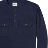 Batch Men's Constructor Henley Shirt Dark Navy Cotton Jersey On Body Standing Close Up Pocket Image
