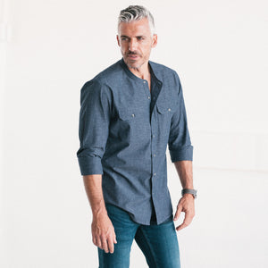 Constructor Band Collar Utility Shirt Navy Blue End-on-end On Body Standing Image