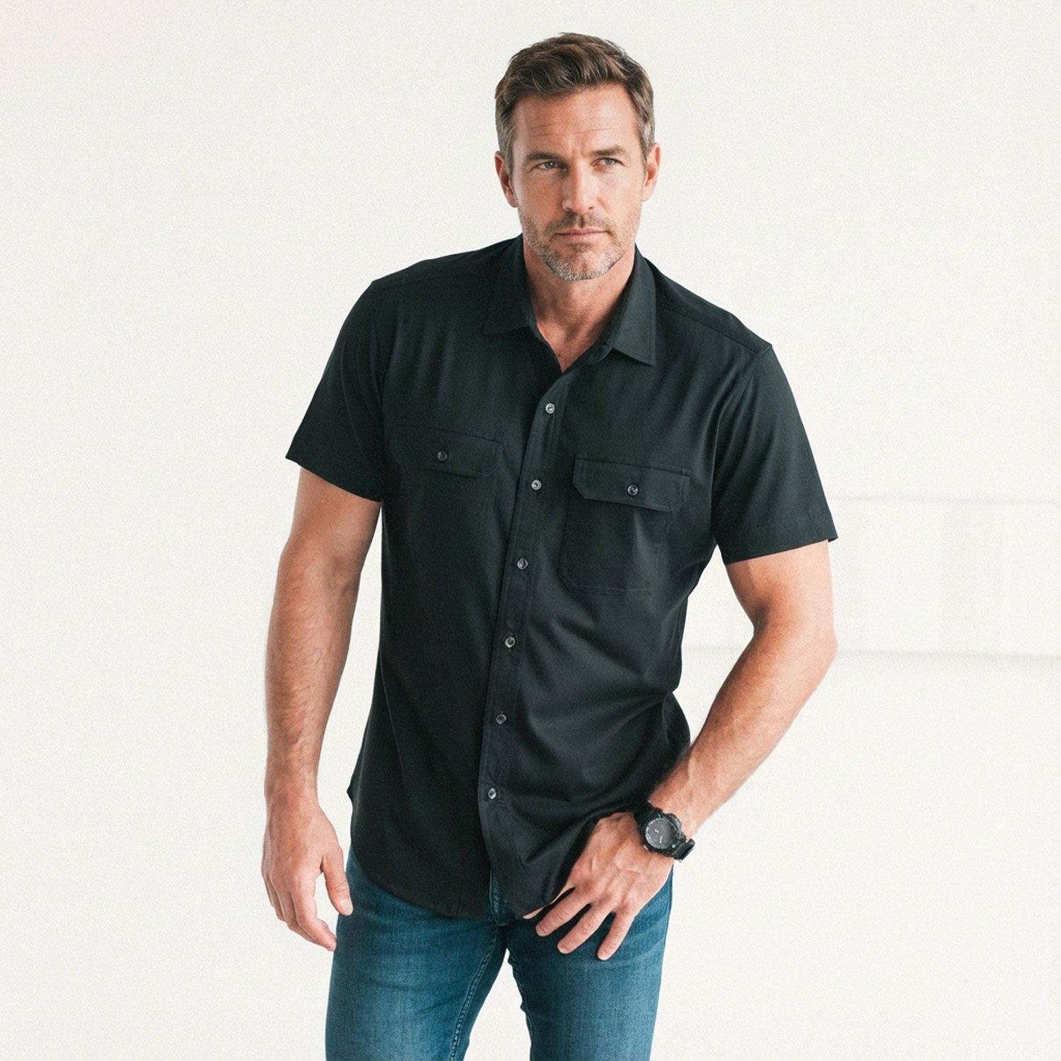 Batch Men's Utility Short Sleeve Shirt - Constructor in Black Cotton Jersey Medium | Large Batch Men's Utility Short Sleeve Shirt - Constructor in Black Cotton Jersey Medium | Large