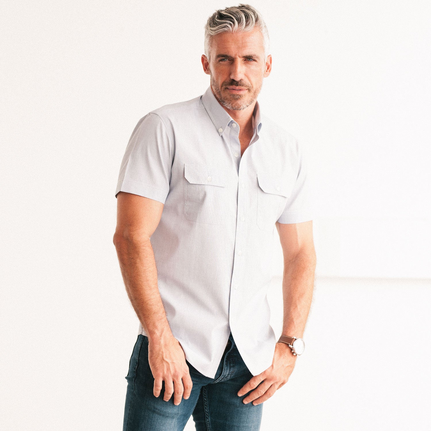 Men's Utility Shirt Short Sleeve Constructor in Light Gray Cotton Batch