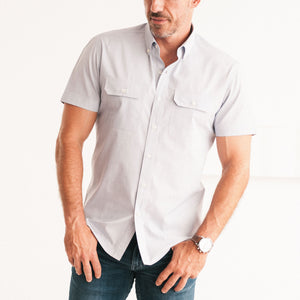 Batch Men's Constructor Short Sleeve Utility Shirt – Aluminum Gray End-on-end Image Pocket Close Up On Body